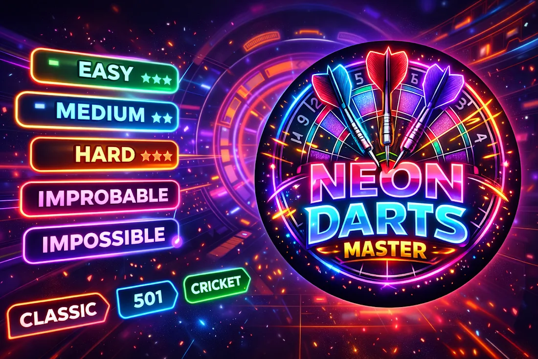 Official Neon Darts Master artwork showing darts and available modes