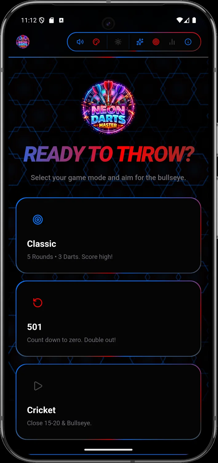 Official Neon Darts Master screen with Classic, 501 and Cricket modes
